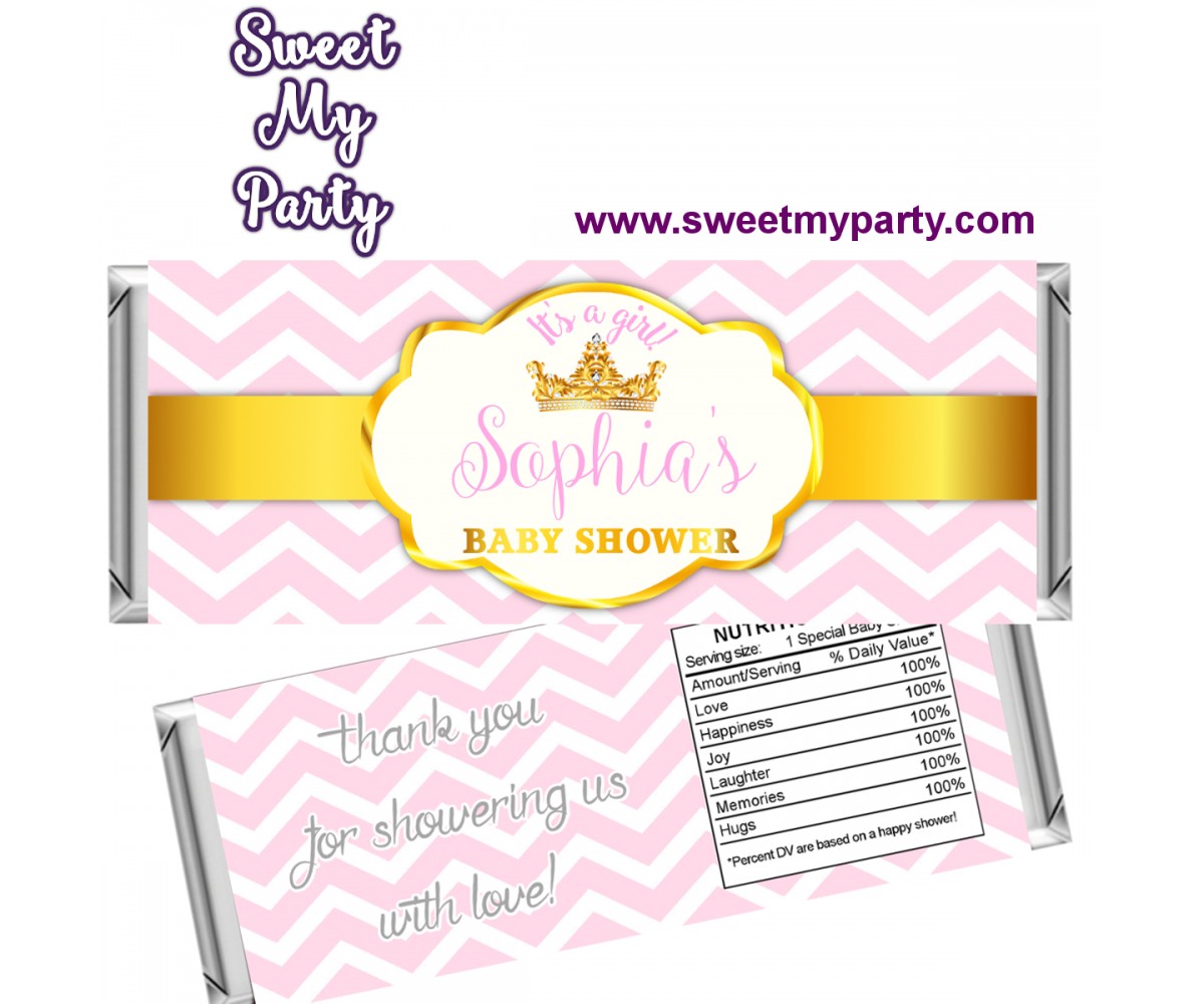 Pink and Gold Crown Baby Shower candy bar wrappers,(002bsp)